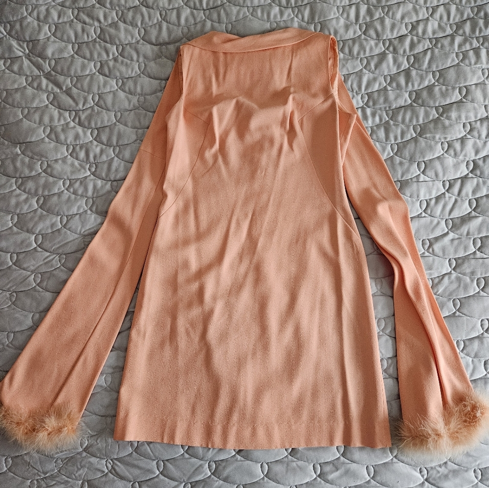 Vintage 1960s peach shift dress with attached feather shawl
